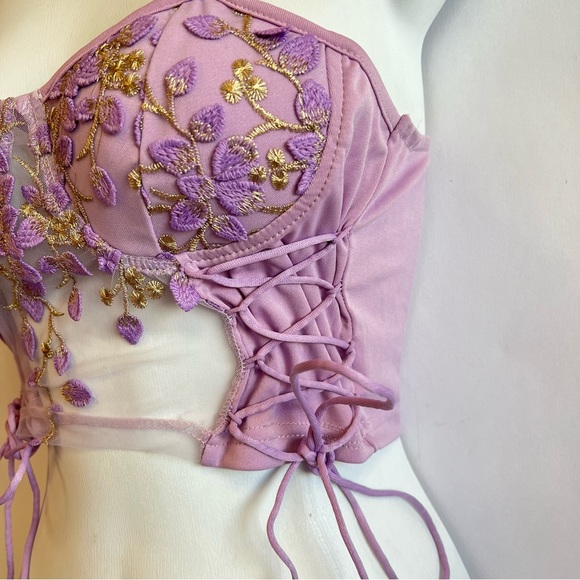 Purple/Gold Lace Up Side Cropped Floral Top - Picture 6 of 7